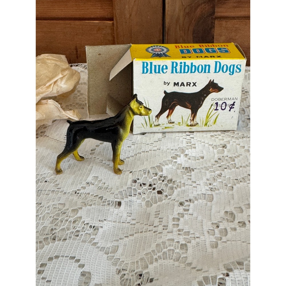 Vintage Marx Blue Ribbon Dogs Doberman Pinscher Figurine with Original Box MCM